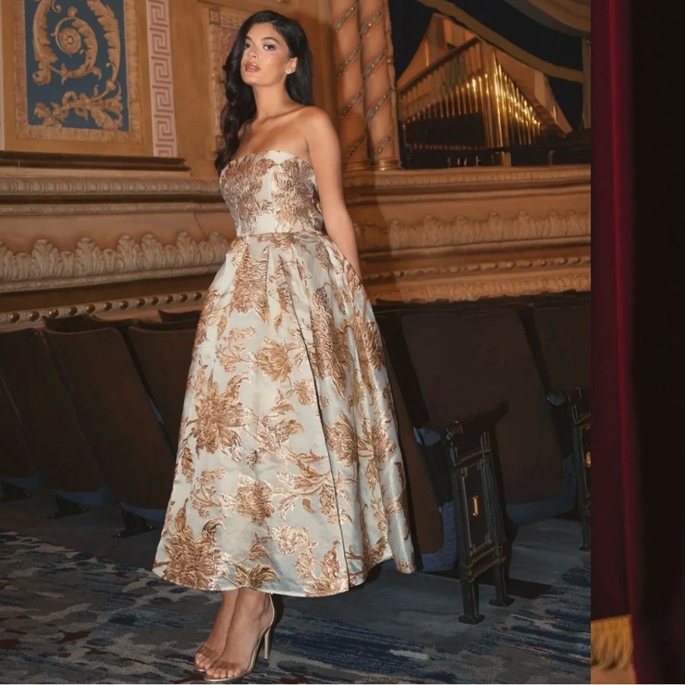 Mac Duggal Strapless Dress in Gold and Cream